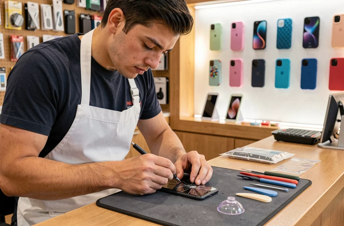 Technicien de 37 Mobile remplaçant l'écran d'un smartphone sur un comptoir de réparation spécialisé