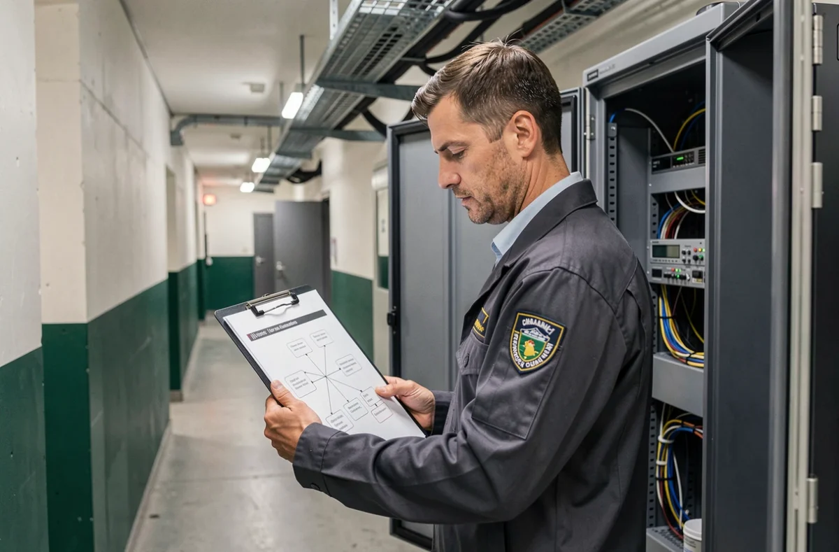 Technicien ADHCI consultant un schéma réseau devant une armoire réseau dans un couloir professionnel en Lorraine