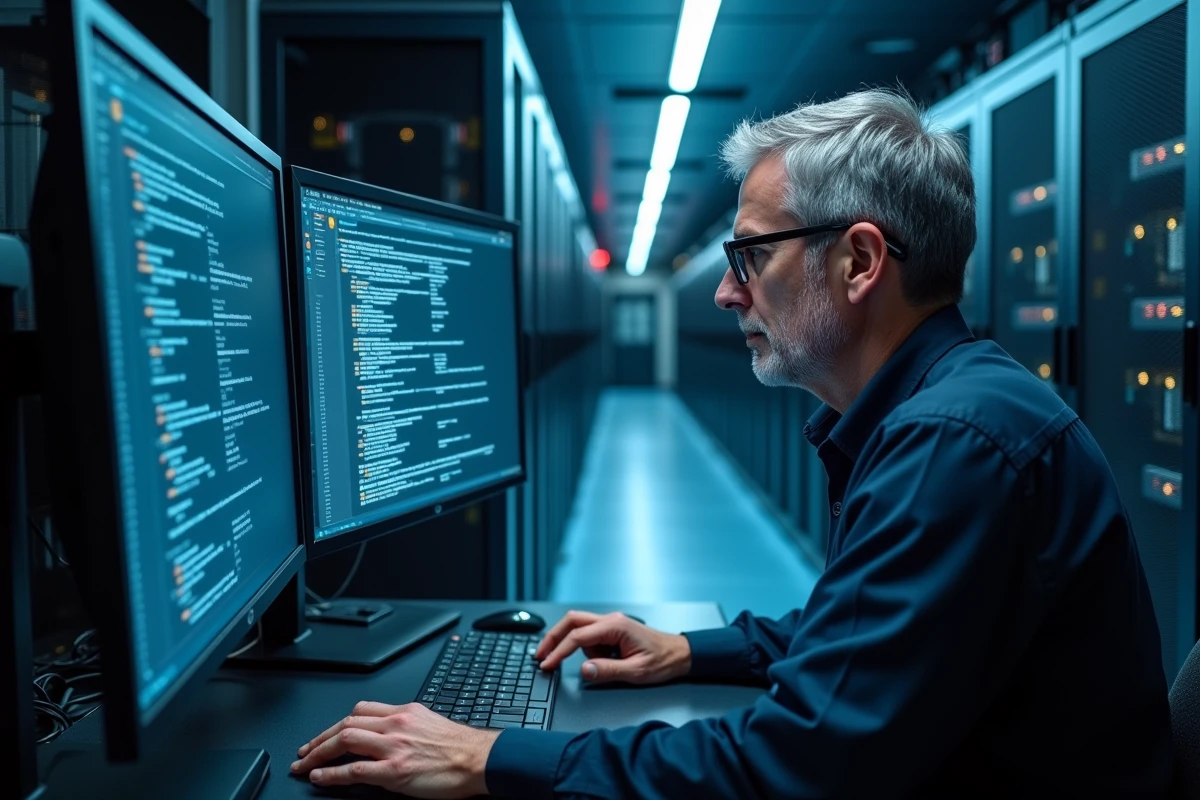 Administrateur informatique analysant des métadonnées de messagerie institutionnelle dans une salle de serveurs, représentant la gestion et le stockage des données universitaires