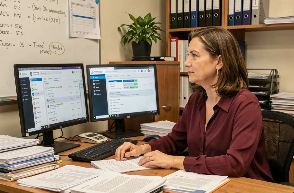 Administratrice universitaire gérant les notes et emplois du temps via l'intranet UGA LEO depuis son bureau