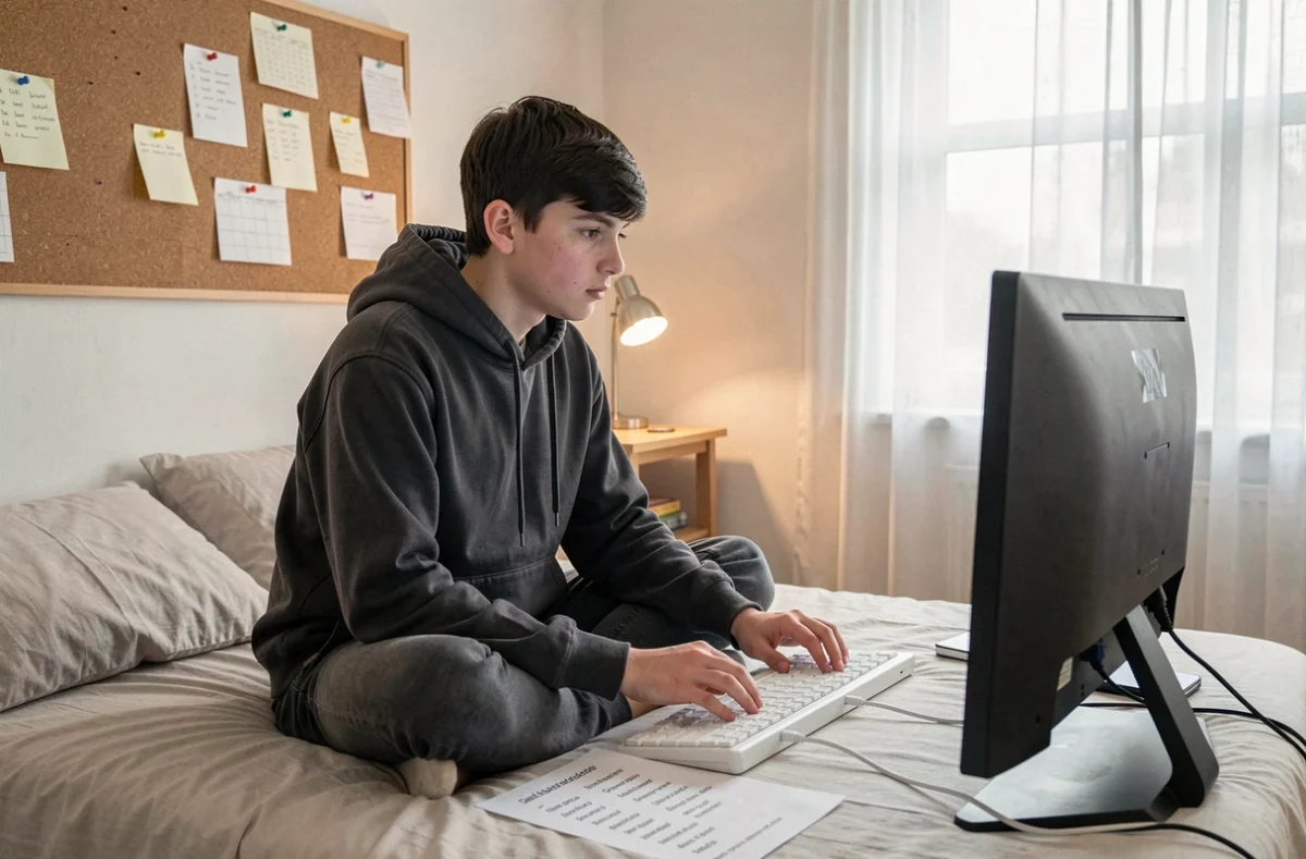 Adolescent apprenant à taper un arobase sur un clavier sans fil dans sa chambre