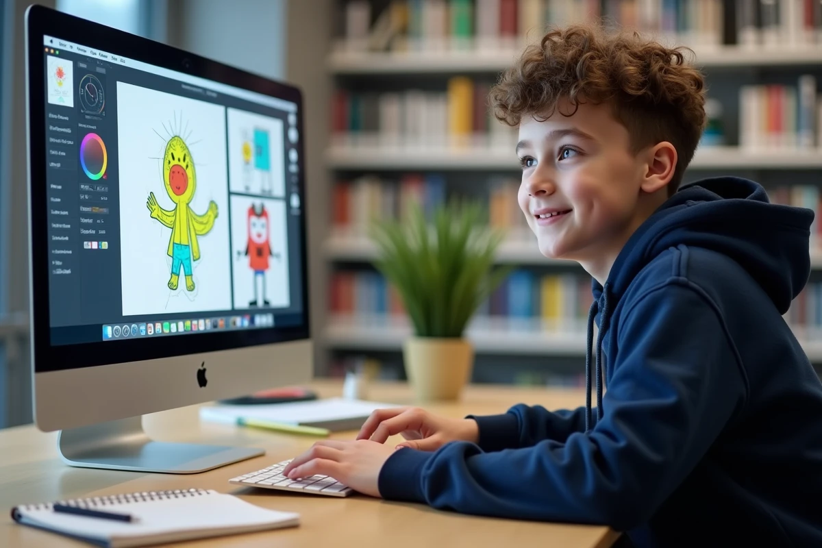 Adolescent retouchant un dessin numérique avec Paint sur iMac dans une bibliothèque