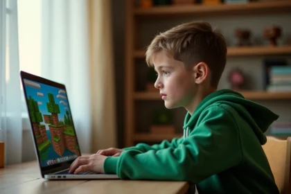 Adolescent concentré devant un serveur Minecraft sur son ordinateur portable dans sa chambre