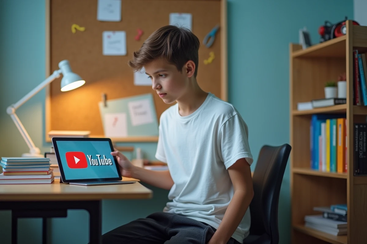 Adolescent regardant une vidéo YouTube sur tablette à son bureau dans une chambre d'étudiant, illustrant la consommation de données mobiles pour le streaming vidéo