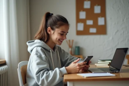 Adolescente consultant l'ENT Oze 92 sur smartphone dans sa chambre d'étude