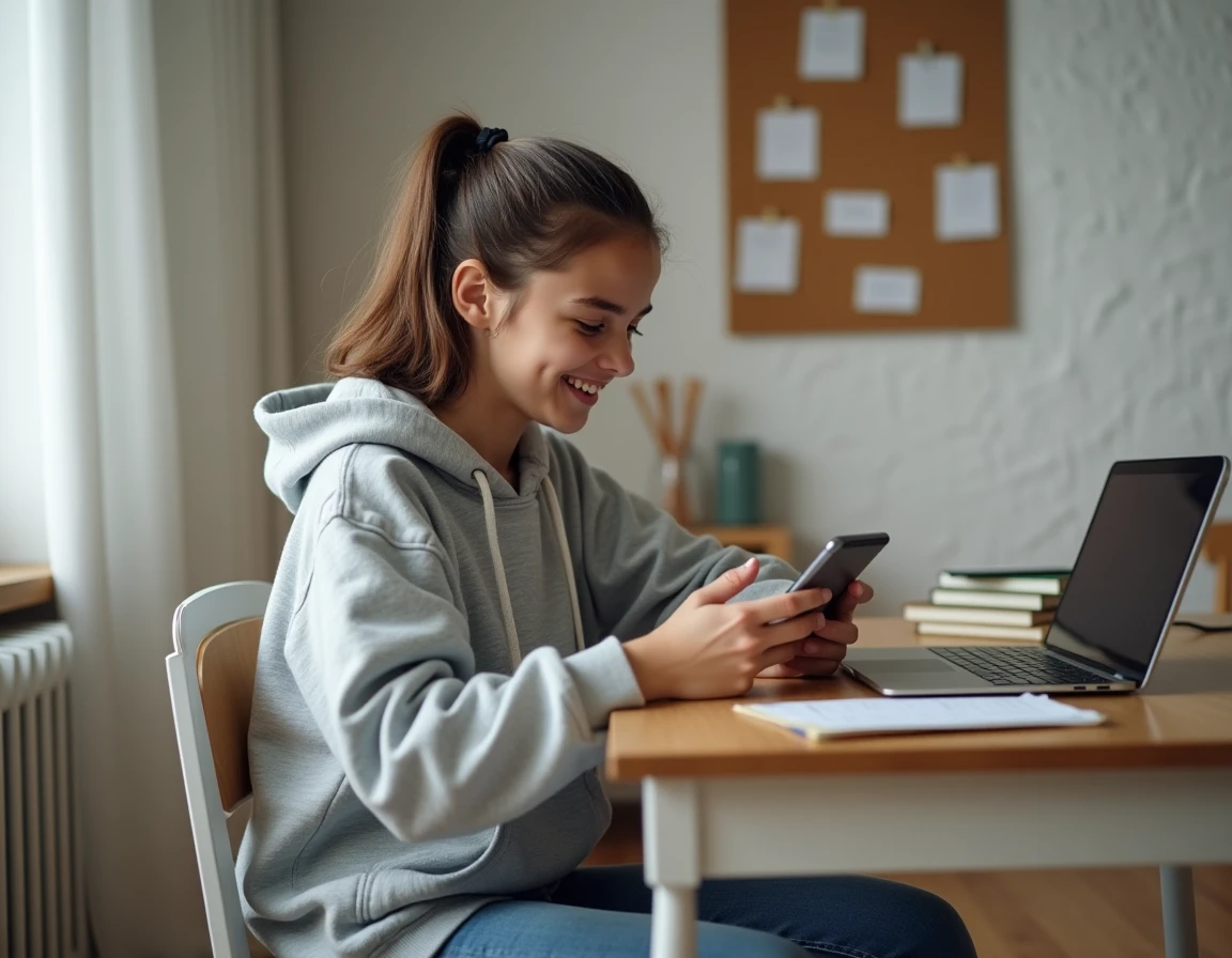 Adolescente consultant l'ENT Oze 92 sur smartphone dans sa chambre d'étude