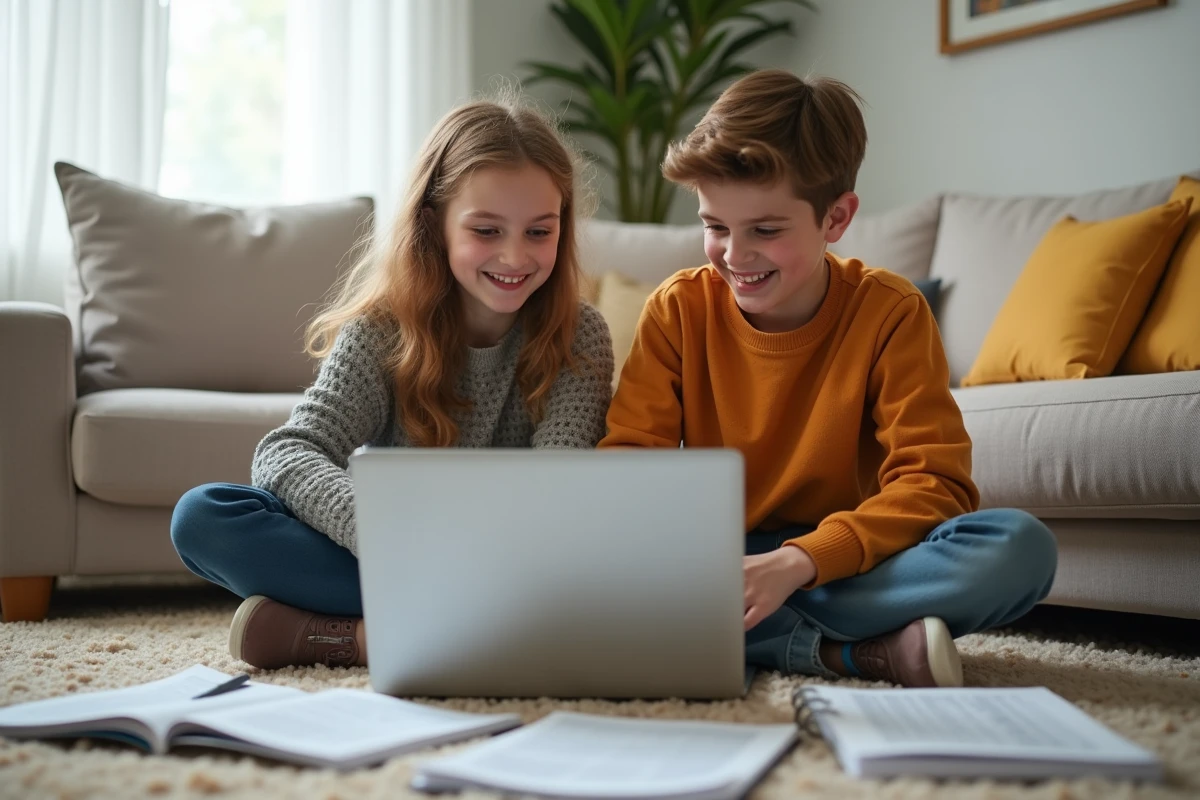 Deux adolescents configurant ensemble un serveur Minecraft gratuit dans un salon familial