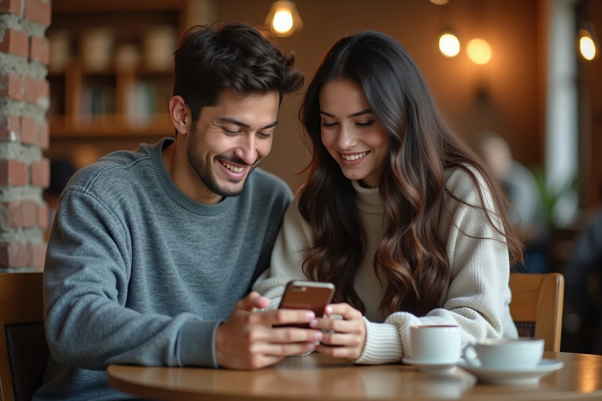 Deux étudiants consultant ensemble les étapes de récupération de mot de passe du portail ESIGELEC sur un smartphone dans un café universitaire