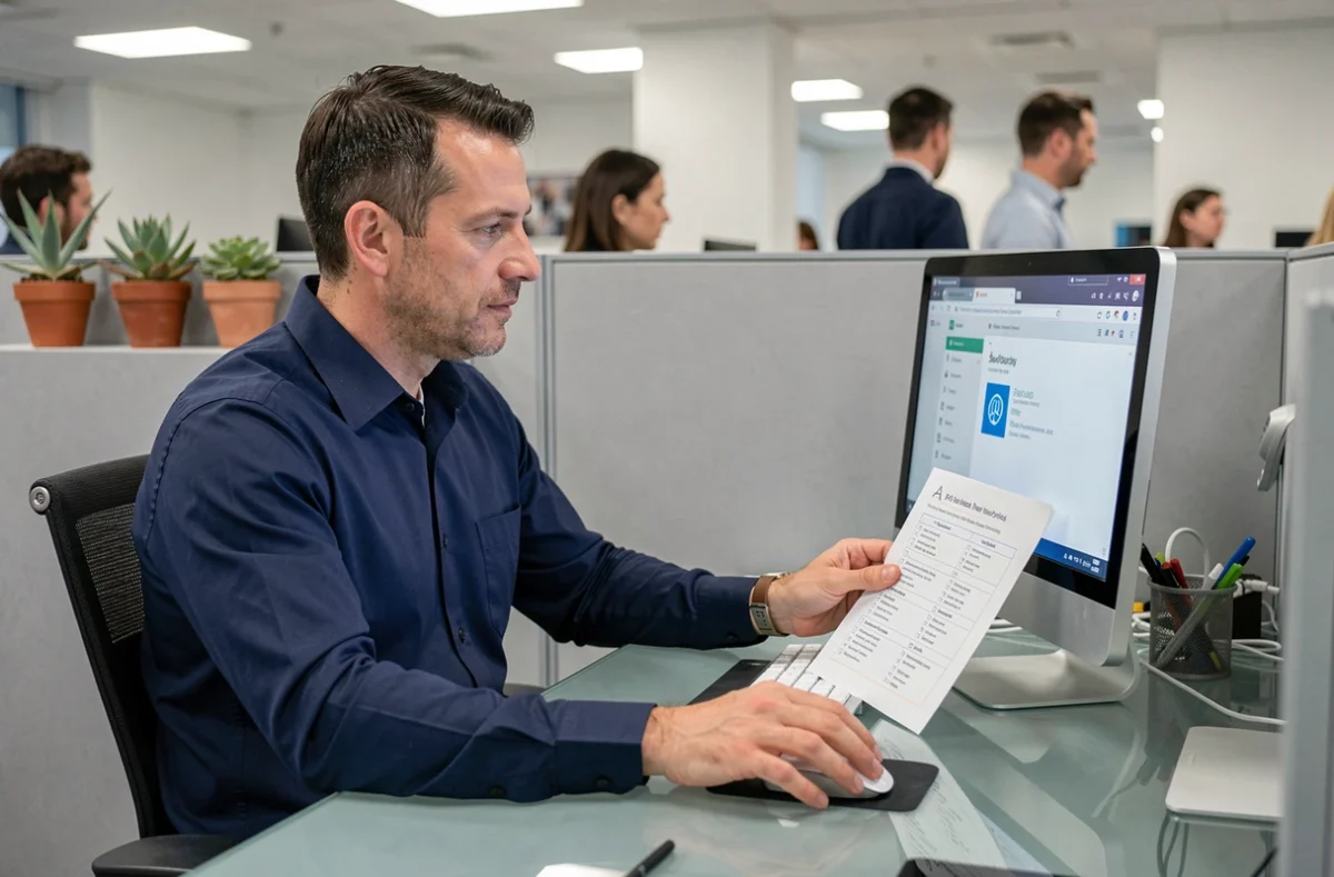 Homme en bureau ajoutant un site web sécurisé à ses favoris depuis un ordinateur de bureau