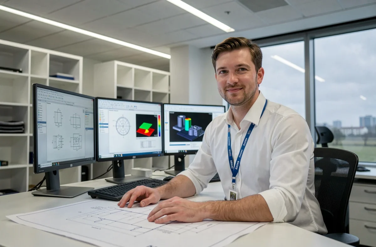 Consultant en ingénierie d'Alten Normandie travaillant sur des schémas CAD et des modèles de simulation à son bureau