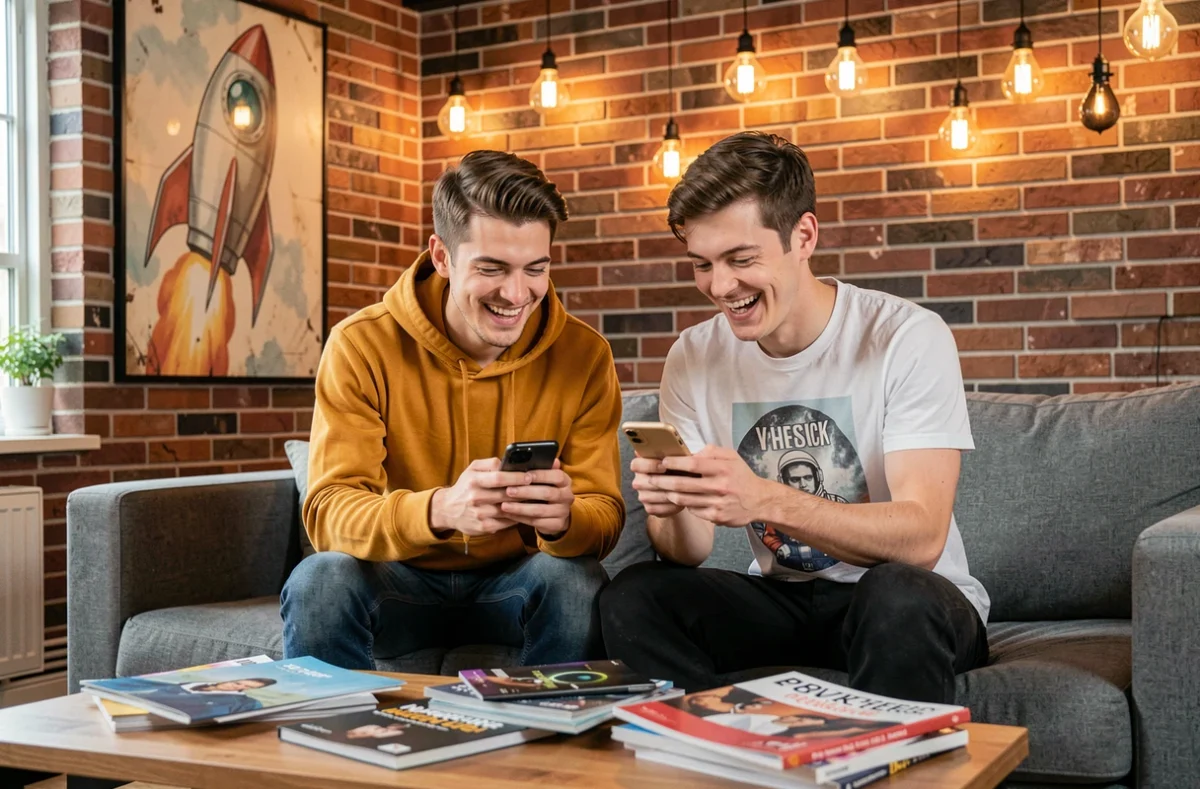Deux développeurs d'Appstronaute testant une application mobile dans un studio créatif à l'ambiance startup