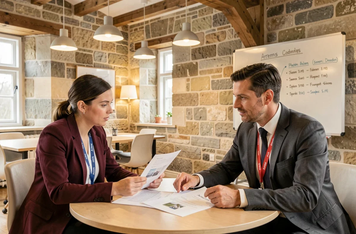 Deux consultants d'Artemys Normandie en réunion de travail dans un espace collaboratif aux murs en pierre normande