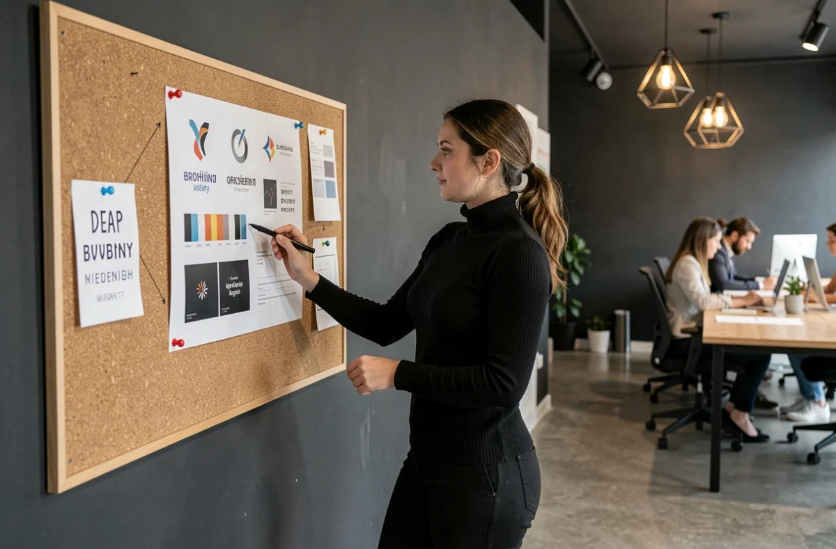Stratège digitale d'Artificio Agency annotant une planche d'identité de marque dans un studio de design moderne