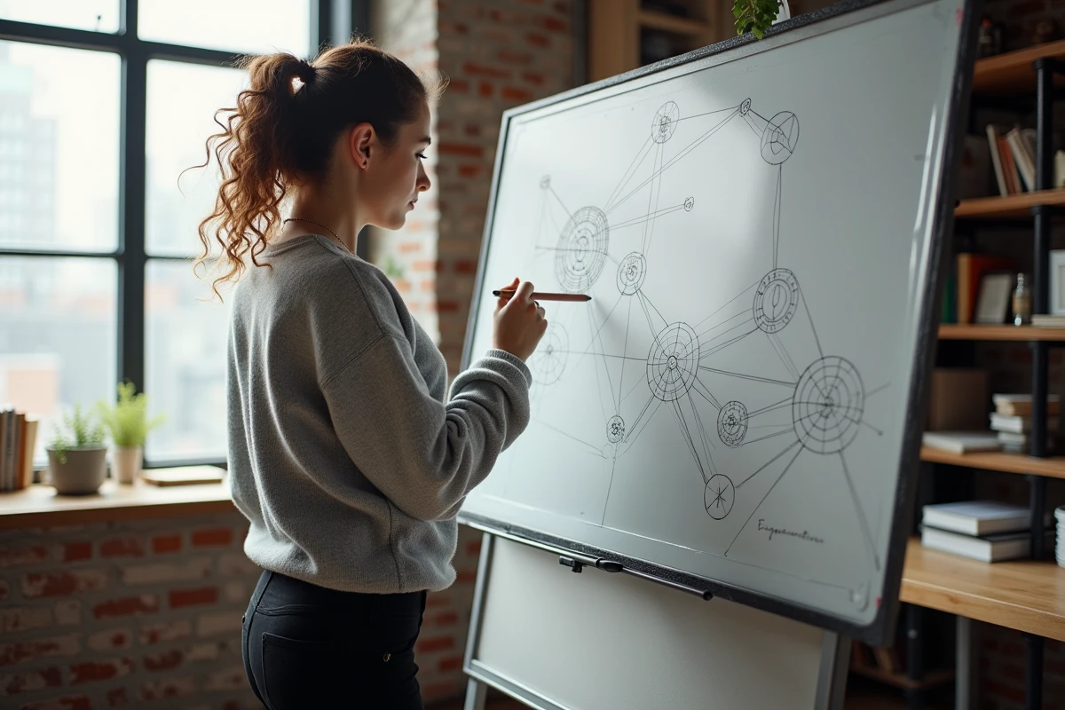 Artiste 3D esquissant des diagrammes sur un tableau blanc