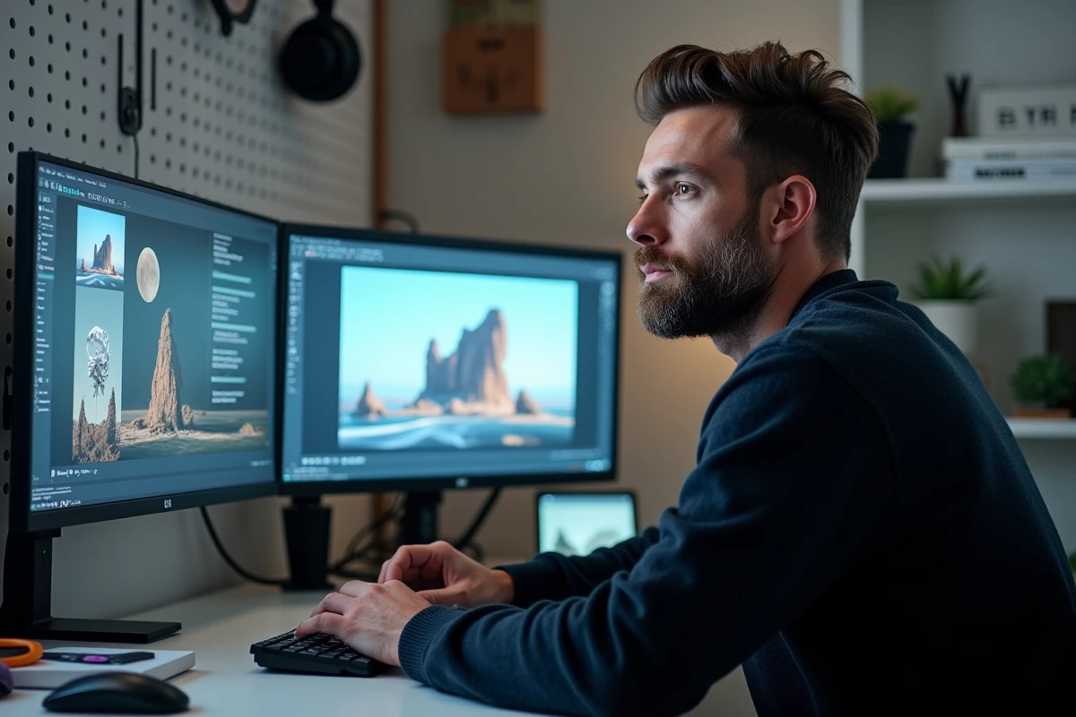 Artiste numérique masculin travaillant simultanément avec un logiciel de dessin et l'interface Leonardo AI en français sur deux écrans dans un studio minimaliste