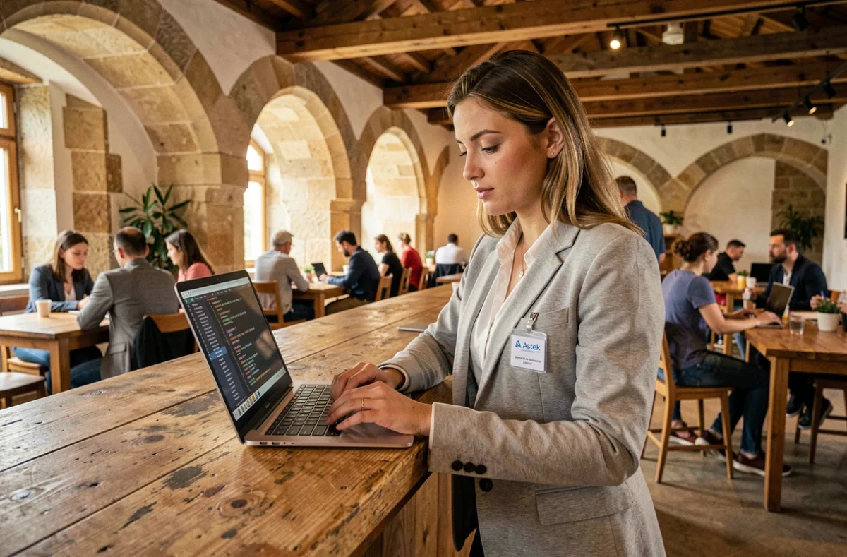 Consultante IT d'Astek Normandie travaillant dans un espace de co-working à Rouen avec architecture en pierre normande
