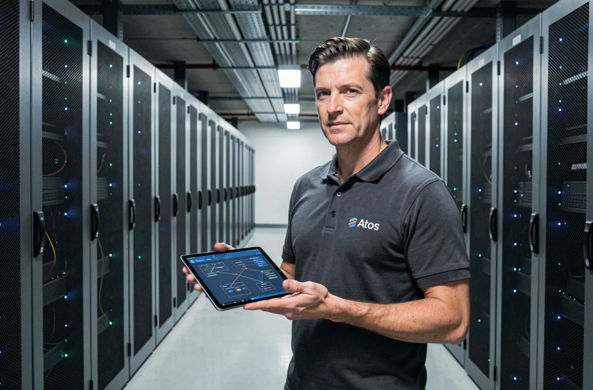 Ingénieur systèmes d'Atos Normandie dans une salle serveurs moderne, consultant une carte réseau sur tablette