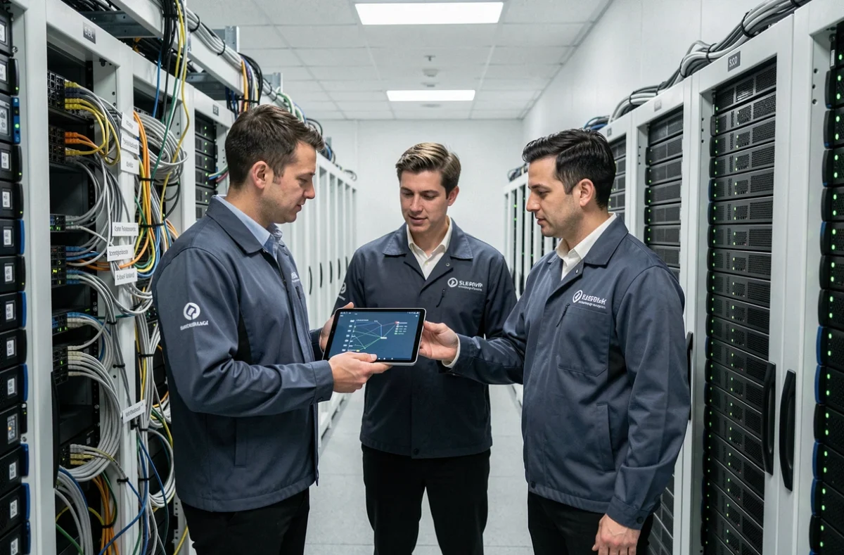 Équipe de consultants Axido analysant une infrastructure réseau dans une salle serveurs professionnelle