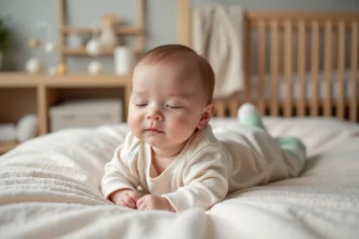 Jeune bébé de 3 mois dans un lit douillet