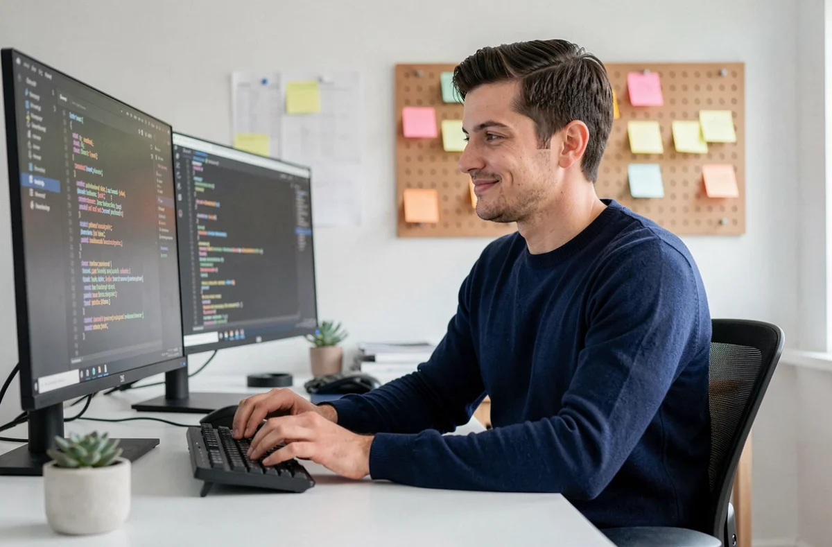 Développeur de la société Bienfait concentré sur son code dans un bureau minimaliste de startup