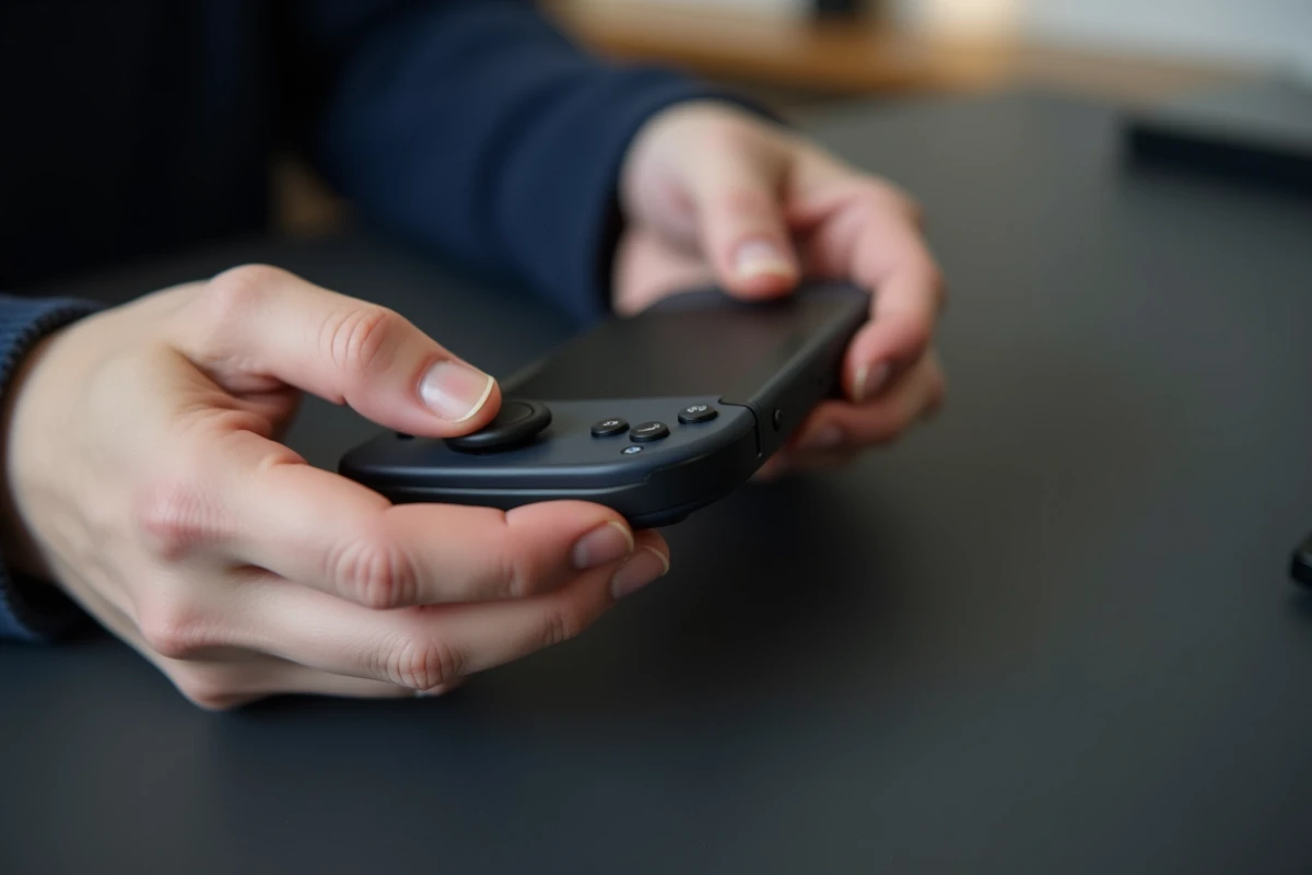 Gros plan sur des mains appuyant sur le bouton de synchronisation d'une manette Joy-Con Nintendo Switch