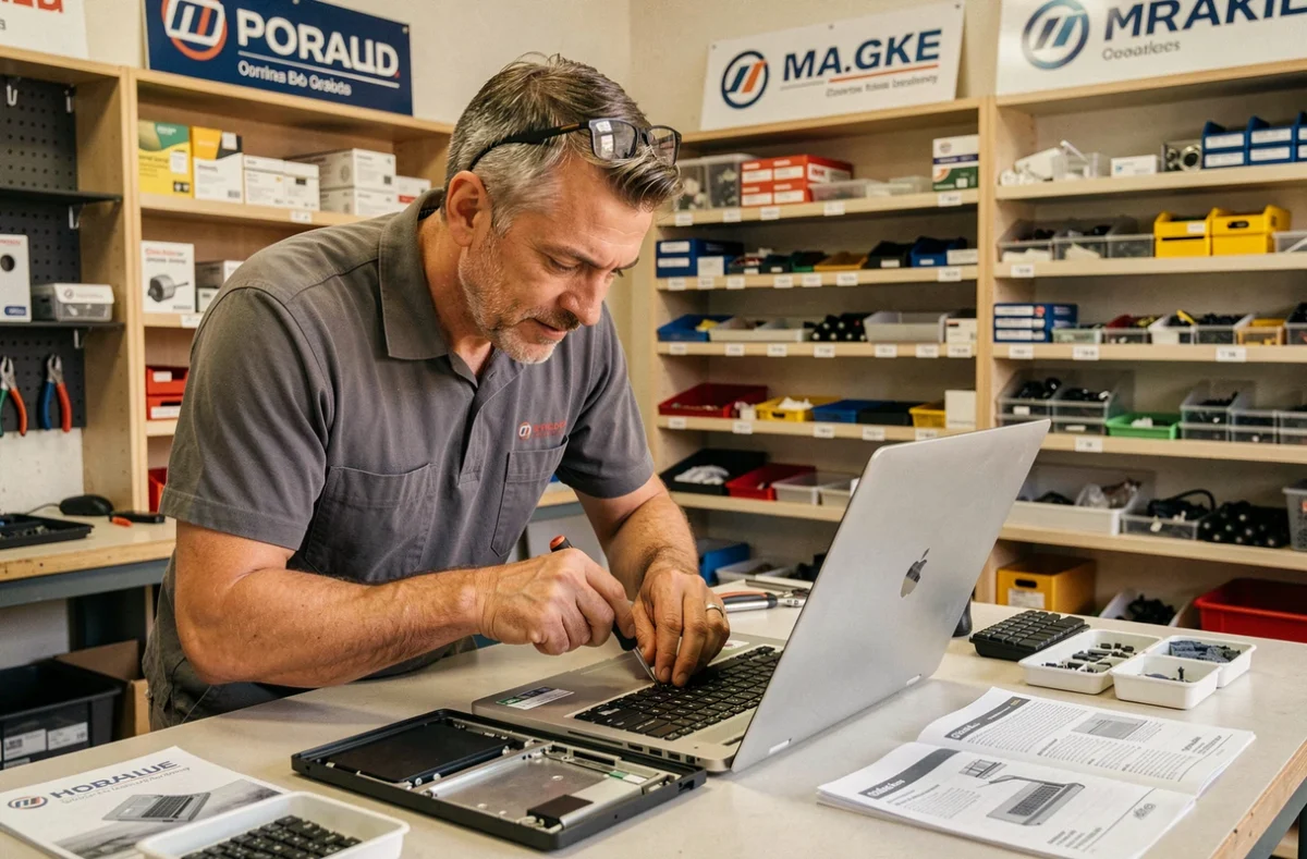 Technicien de Briault Informatique réparant un ordinateur portable dans son atelier indépendant