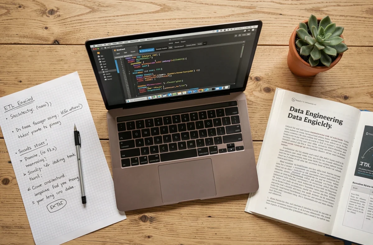 Vue aérienne d'un bureau de développeur avec un script Python de parsing XML et des notes de pipeline ETL