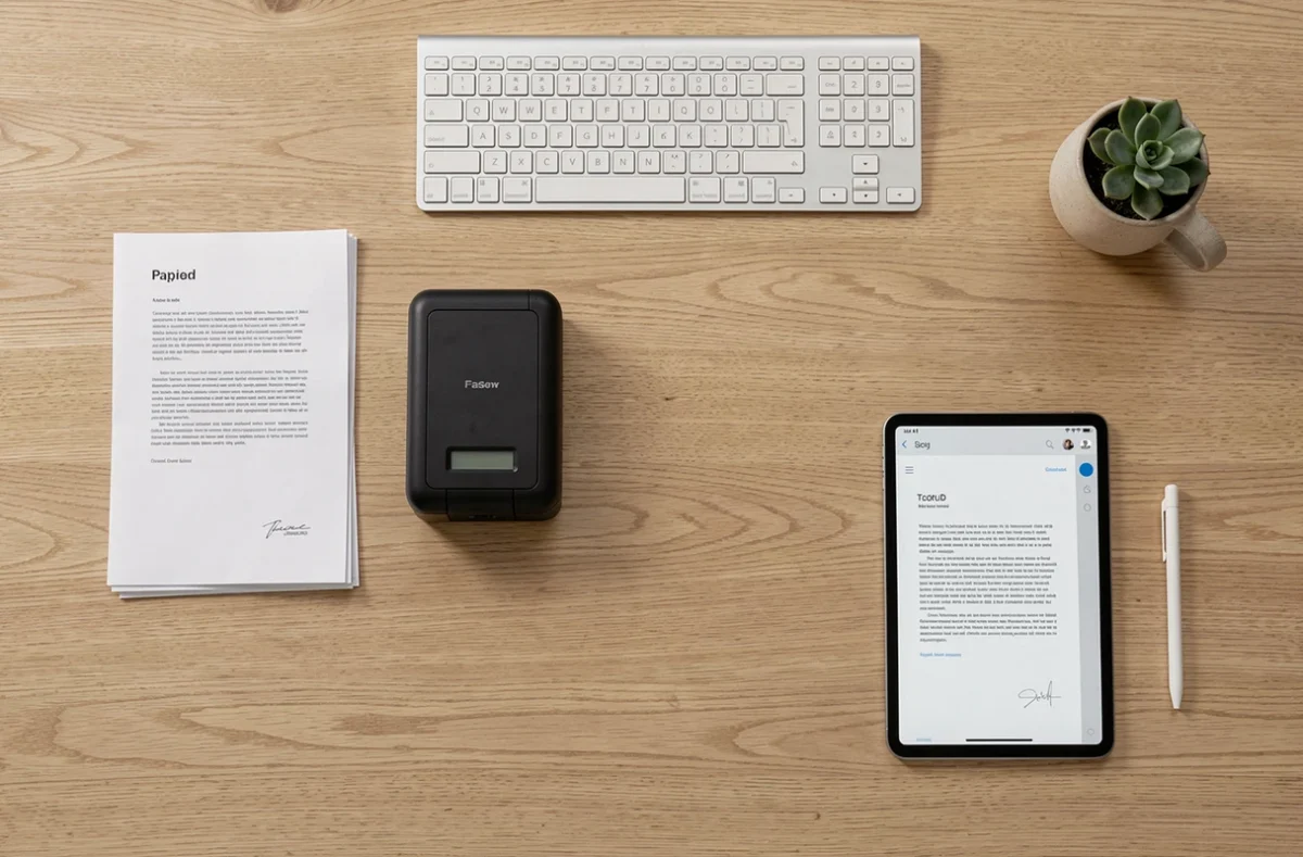 Vue aérienne d'un bureau épuré avec un scanner de documents compact et une surface dégagée illustrant la réduction du papier