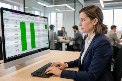 Professionnelle utilisant Excel pour calculer l'âge des clients dans un tableur avec des formules de dates