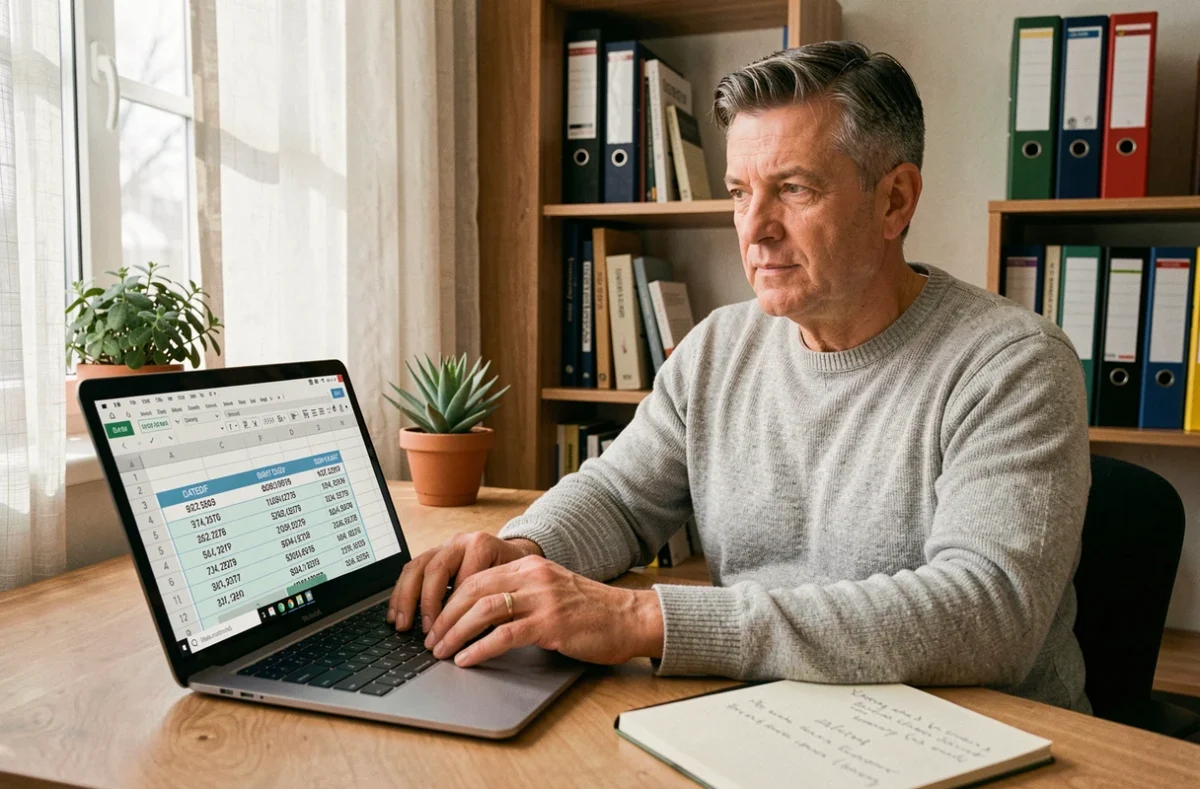 Homme en télétravail calculant l'âge des clients dans Excel avec des formules DATEDIF sur laptop