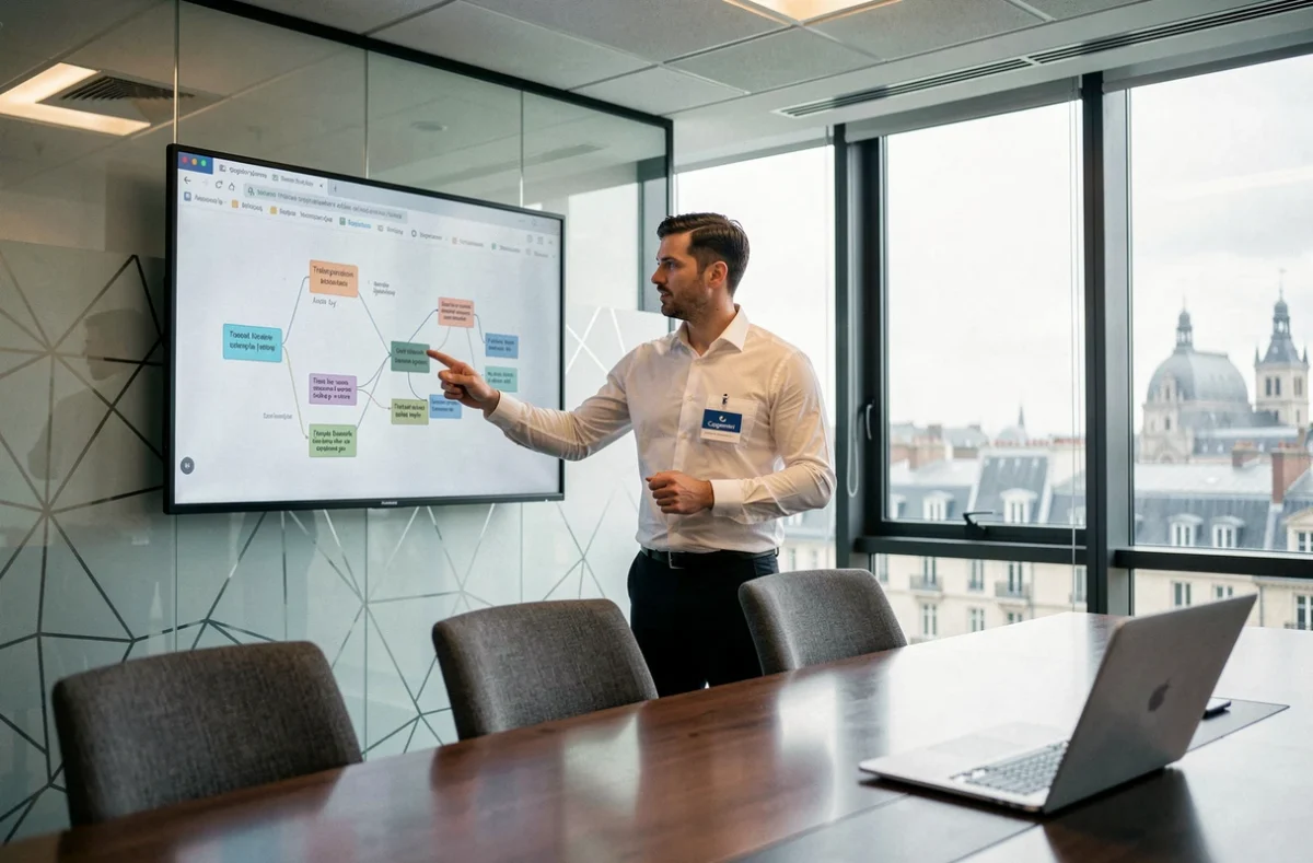 Consultant Capgemini Normandie présentant une feuille de route de transformation digitale dans une salle de réunion moderne