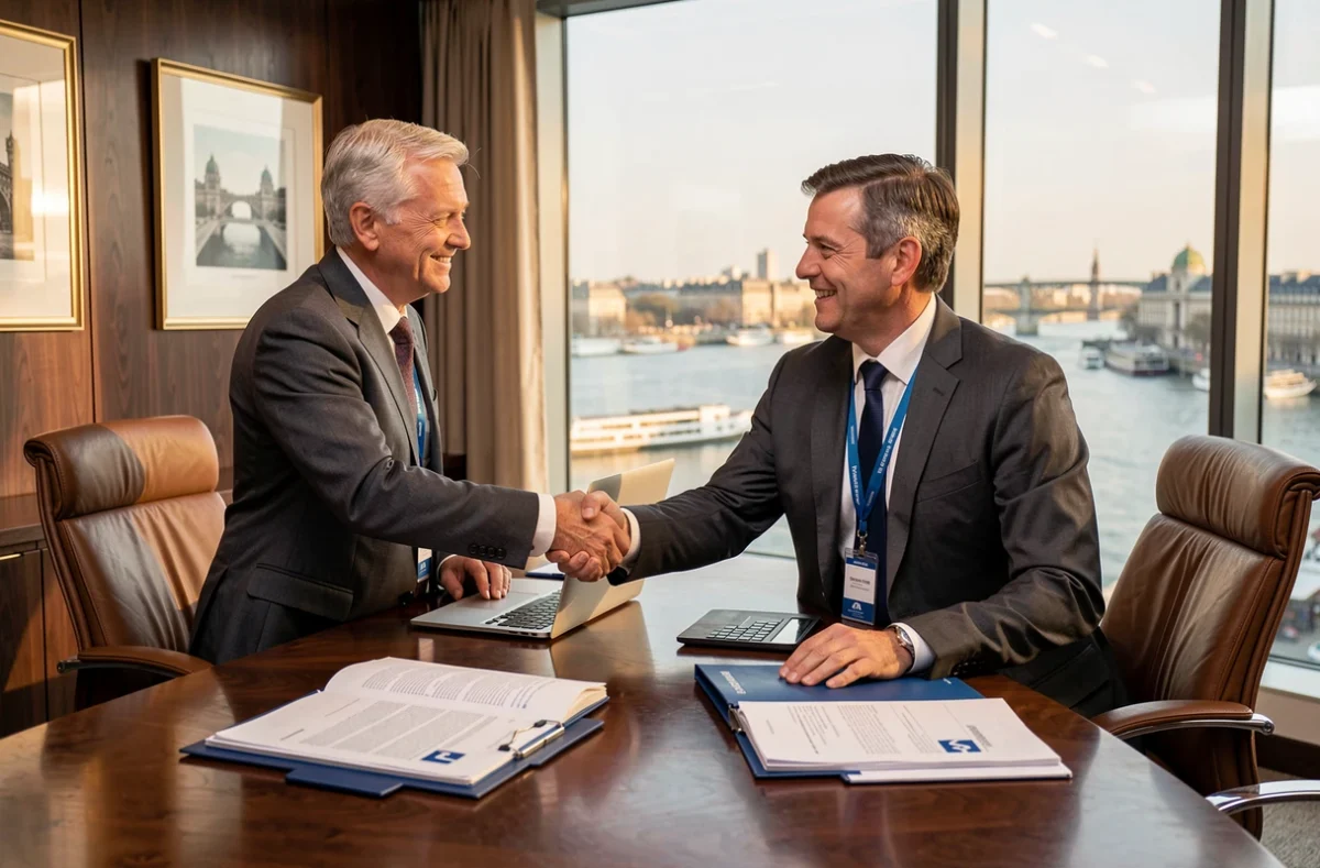 Consultant senior de CGI Normandie concluant un accord commercial avec un client dans une salle de direction avec vue sur la Seine
