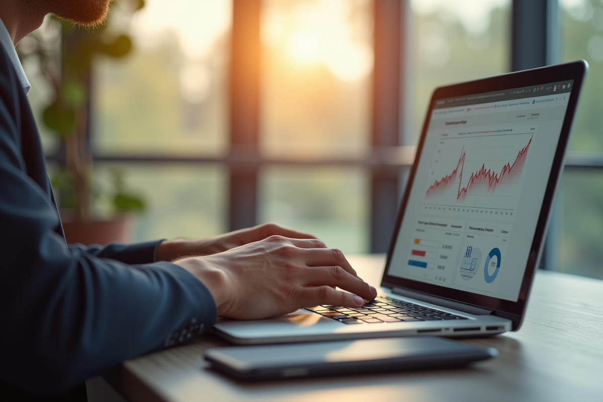 Mains tapant sur un clavier avec analytics affichés à l