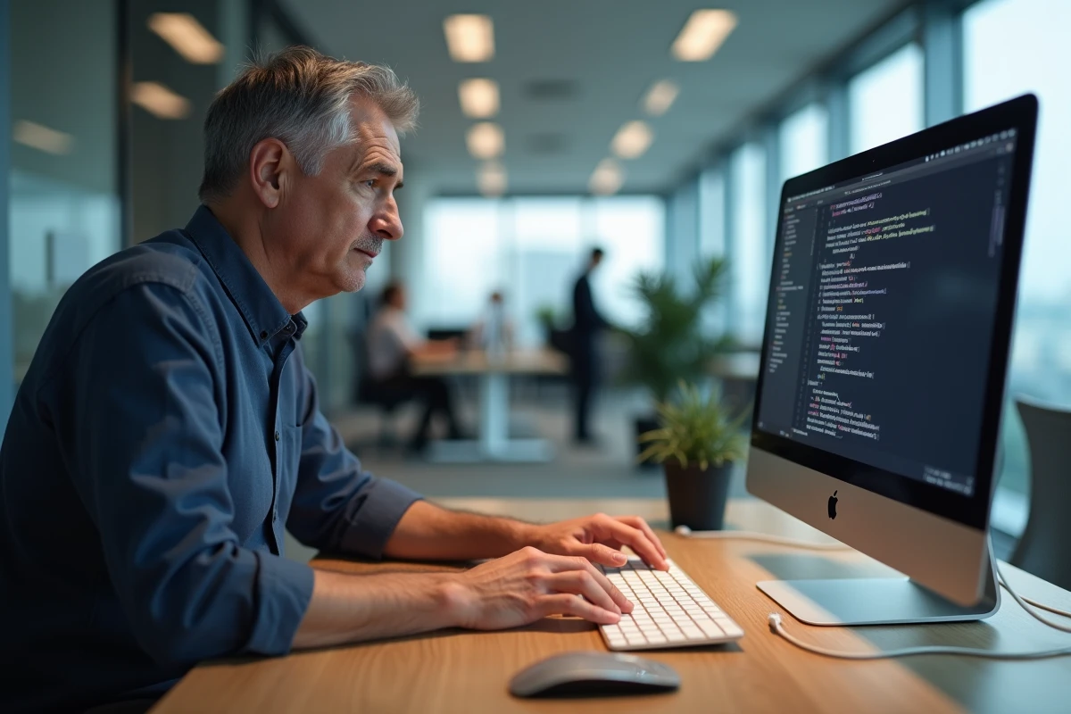 Homme utilisant un clavier Magic Keyboard Apple avec un iMac dans un bureau open space