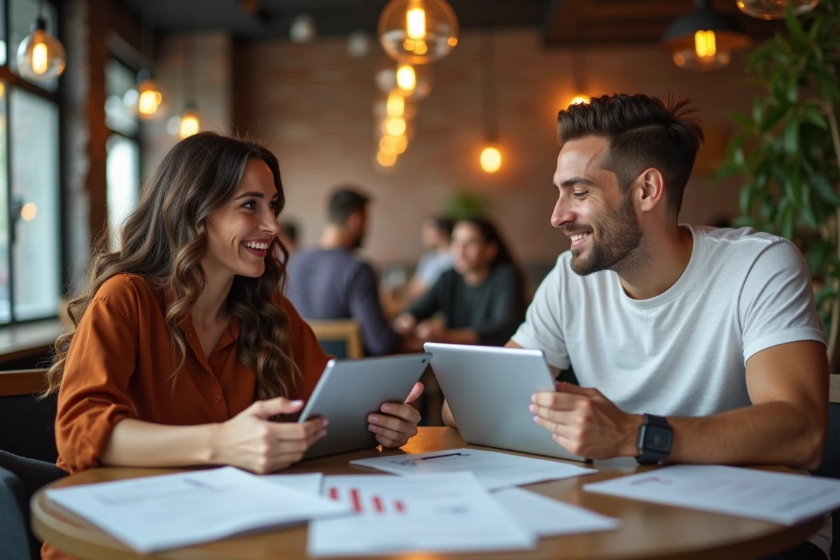 Deux collègues discutant d'un changement de plateforme numérique autour de tablettes dans un café moderne