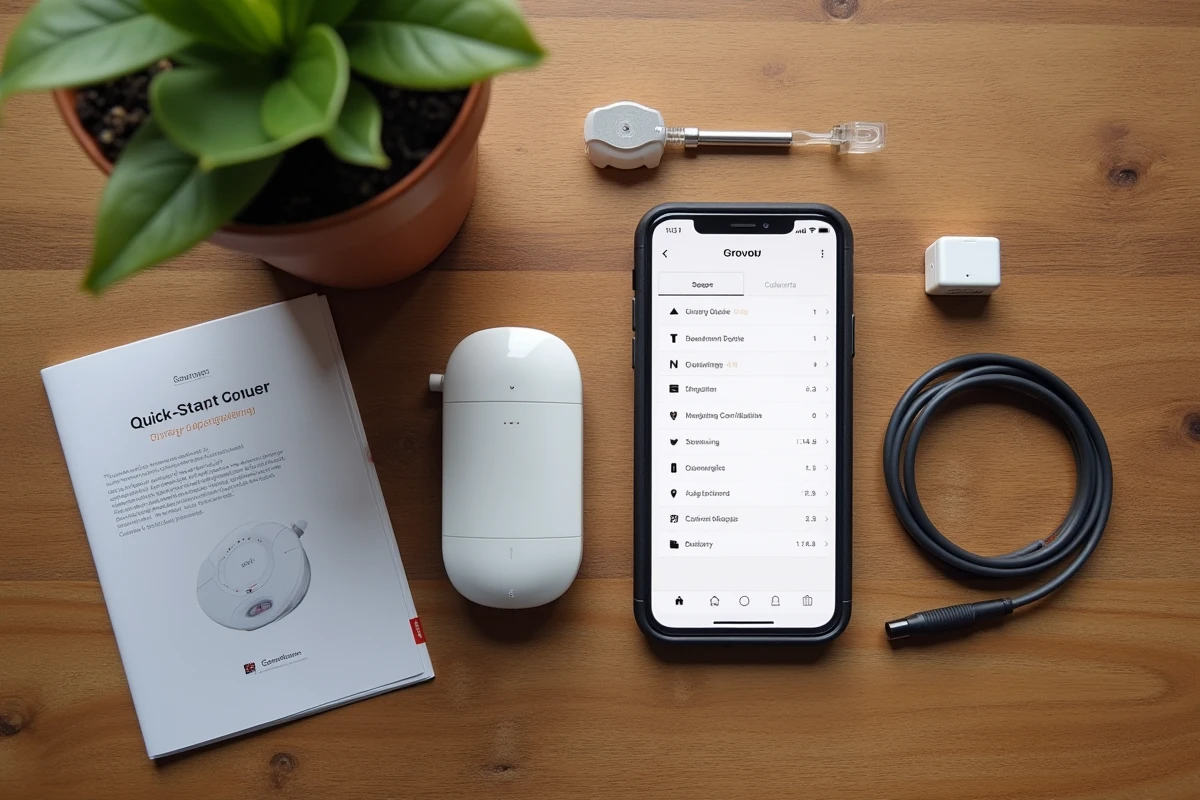 Vue à plat du dispositif Grovop, guide de démarrage rapide et application mobile ouverte pour le réglage initial des paramètres