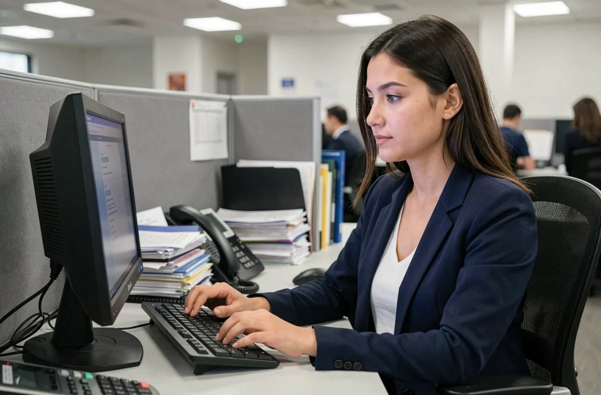Assistante administrative saisissant ses identifiants sur un ordinateur de bureau dans un open space