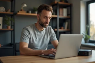 Homme connectant sa Freebox pour la première fois via l'interface mafreebox.freebox.fr sur un ordinateur portable