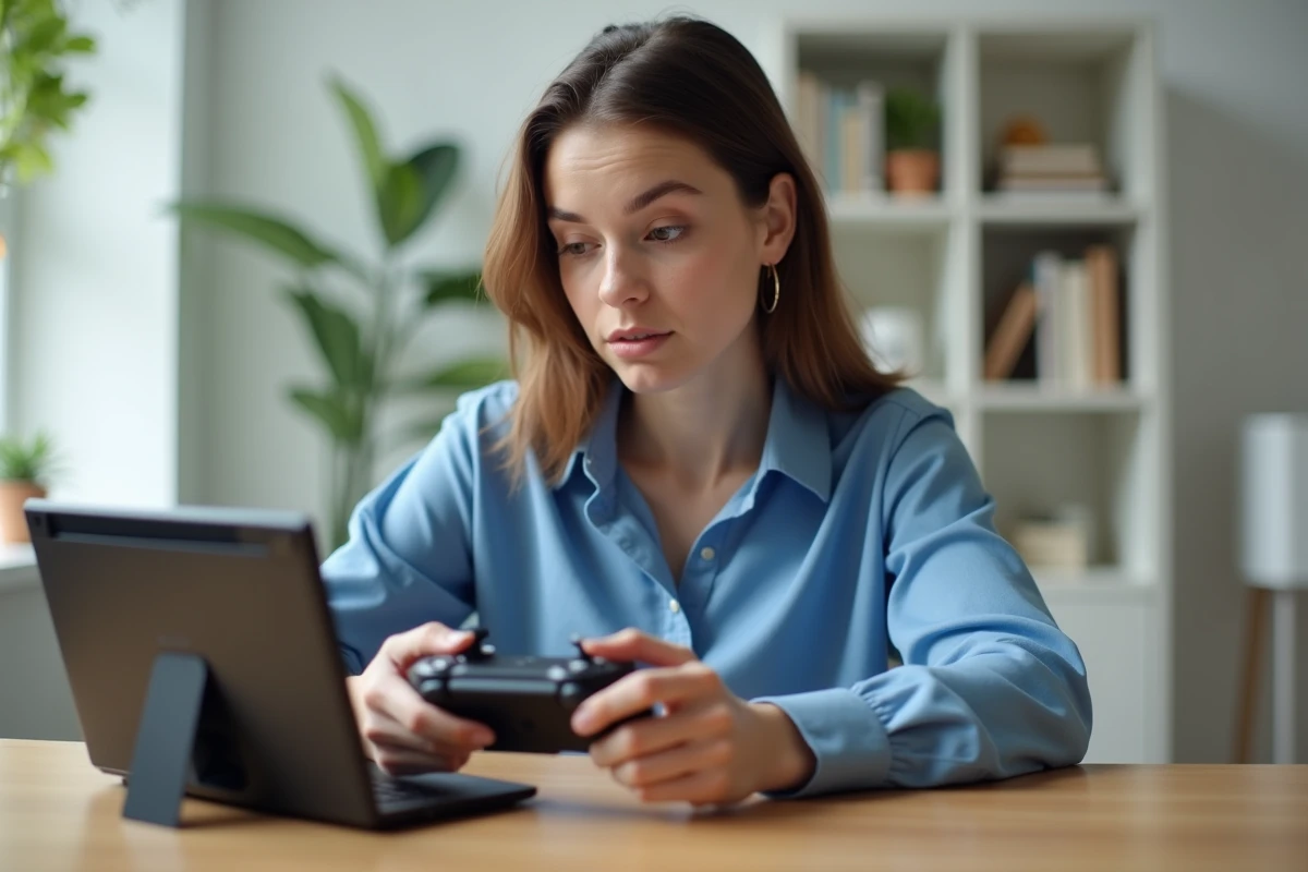 Femme concentrée essayant de connecter une manette Pro Controller à une Nintendo Switch sur un bureau à domicile