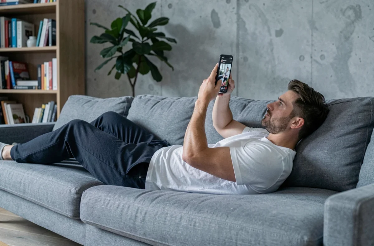 Homme allongé sur son canapé consultant des stories Snapchat de manière discrète sur son téléphone