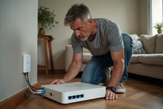 Homme inspectant les câbles d'une Freebox près d'une prise fibre optique murale pour résoudre l'erreur 20 FF