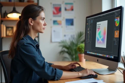 Designer graphique travaillant sur un flyer A4 en pixels sur son écran d'ordinateur dans un studio moderne