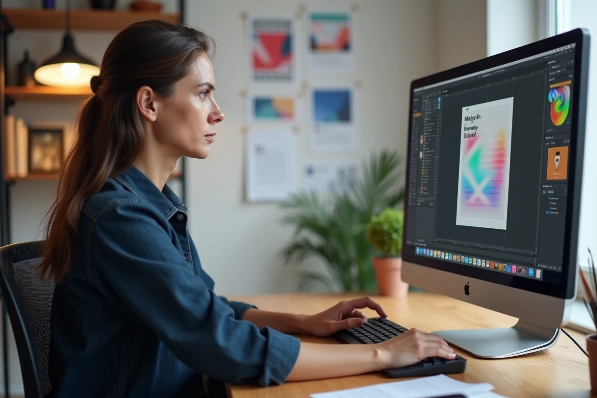 Designer graphique travaillant sur un flyer A4 en pixels sur son écran d'ordinateur dans un studio moderne