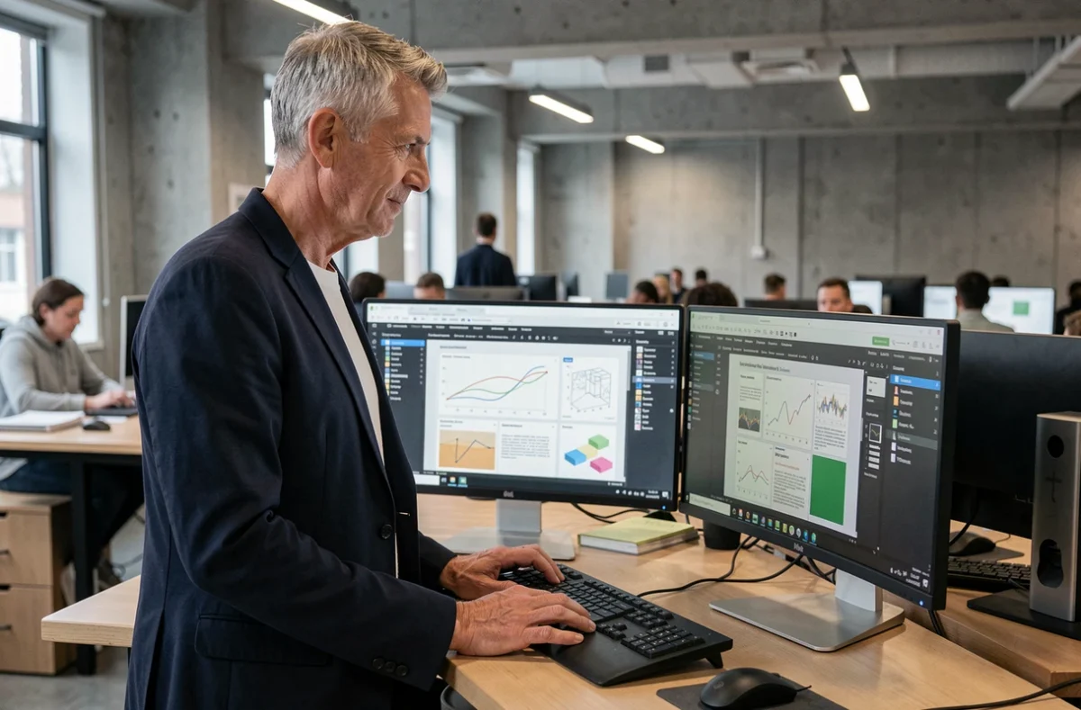 Designer graphique travaillant sur un logiciel PAO open source dans un espace de coworking moderne