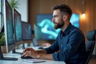 Jeune developpeur informatique concentré sur son écran