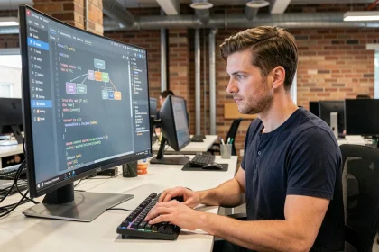 Développeur Python analysant un pipeline ETL avec des données XML sur un écran ultrawide dans un bureau moderne