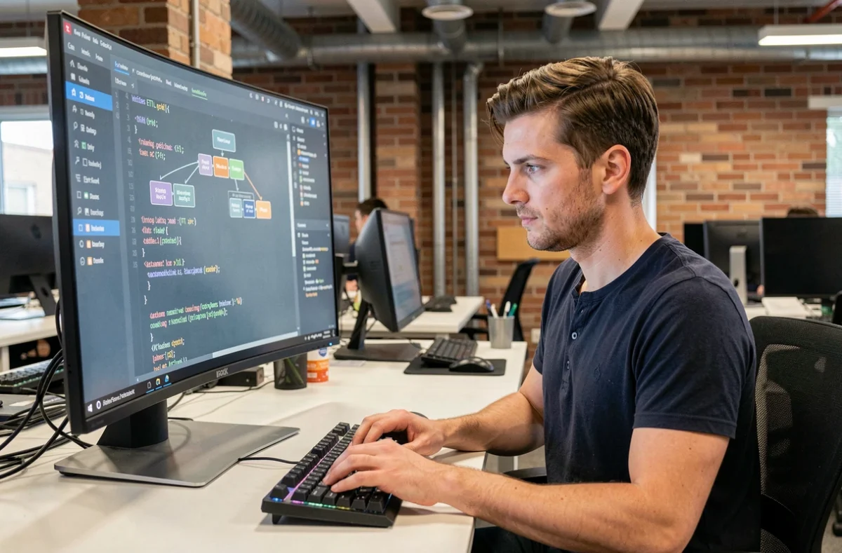 Développeur Python analysant un pipeline ETL avec des données XML sur un écran ultrawide dans un bureau moderne