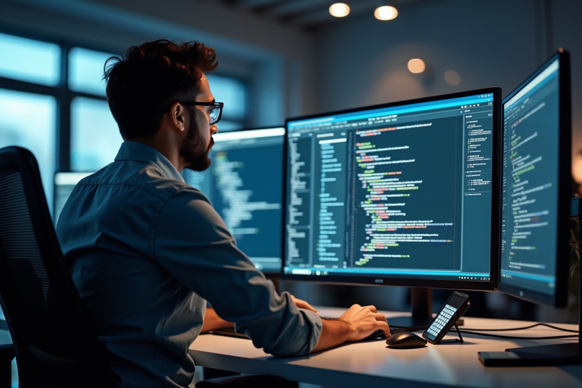 Développeur web concentré analysant un grand écran de code et diagrammes