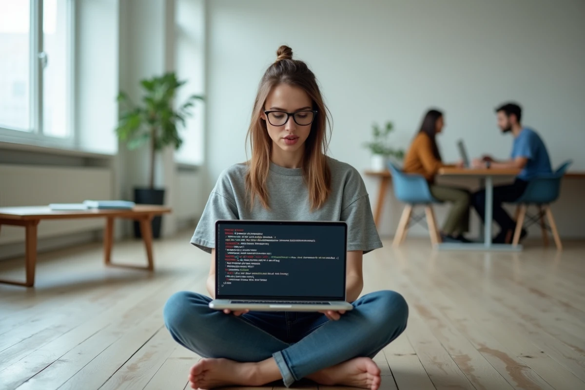 Jeune développeuse analysant une erreur d'installation pip sur son laptop dans un espace de coworking minimaliste