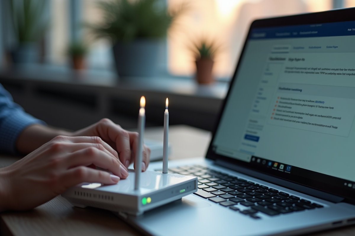 Mains vérifiant un routeur Bouygues dans un bureau moderne